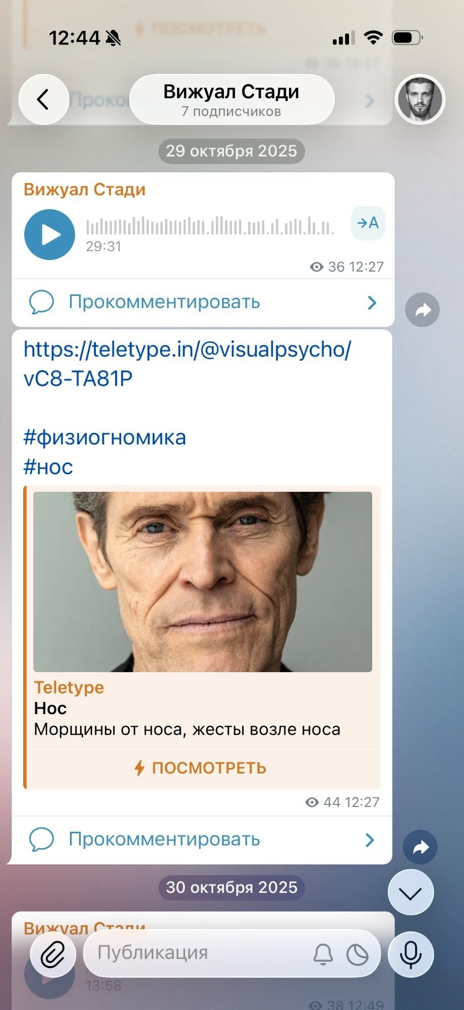 Закрытый Telegram-канал «Вижуал Стади»: голосовой урок и статья про нос